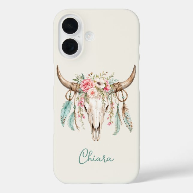 Boho-Wasserfarben-Blumen-Kuh-Schädel Case-Mate iPhone Hülle (Rückseite)