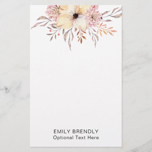 Boho-Wasserfarben-Blumenmonogramm-Name Briefpapier (Vorderseite)