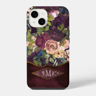 Boho-Wasserfarben-Blumenmuster - Burgunder Monogra iPhone 14 Hülle