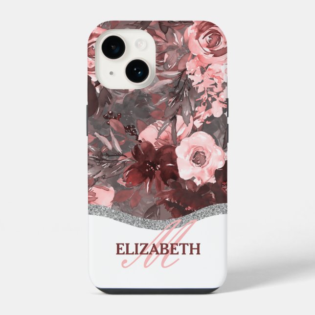 Boho-Wasserfarben-Blumenmuster - Rosa Monogramm iPhone Hülle (Rückseite)