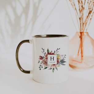 Boho-Wasserfarben Herbst-Blumen-Monogramm-Kaffeeta Tasse