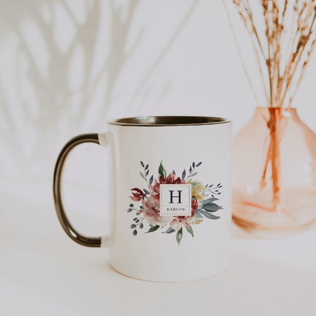 Boho-Wasserfarben Herbst-Blumen-Monogramm-Kaffeeta Tasse (Von Creator hochgeladen)
