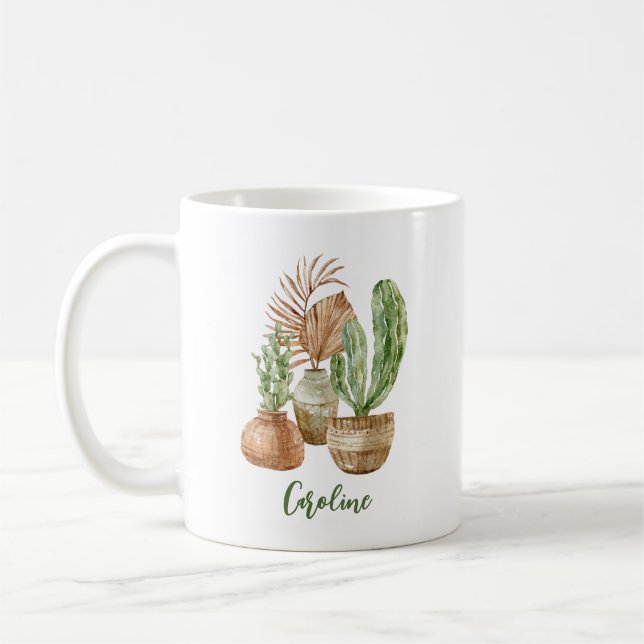 Boho-Wasserfarben-Kaktus-Pampas-Pflanze personalis Kaffeetasse (Links)
