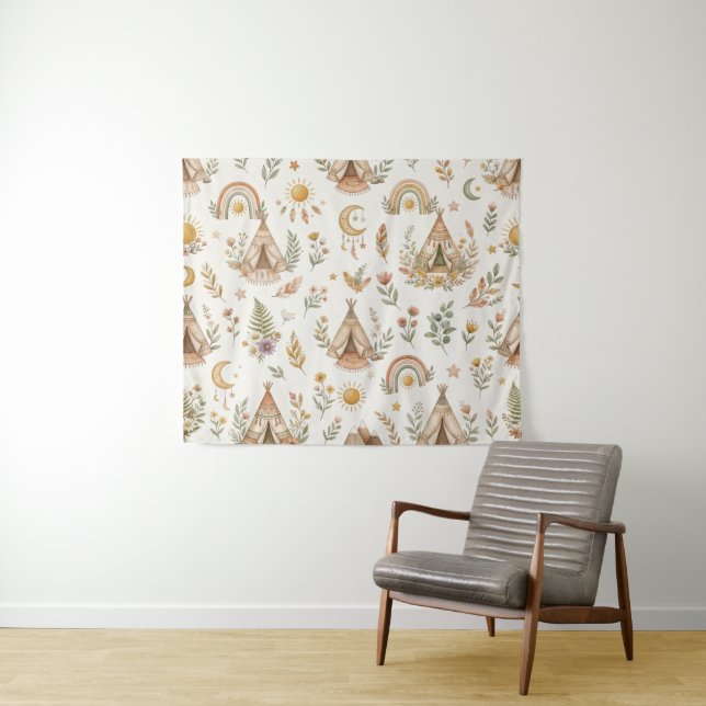 Boho-Wasserfarben-Regenbogen-Kinderzimmer-Wandtepp Wandteppich (Beispiel (Horizontal))