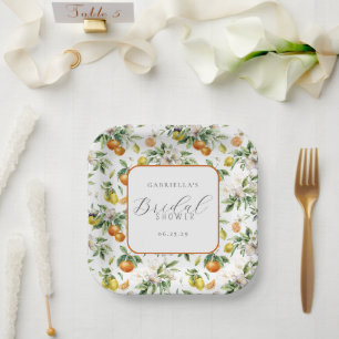 Boho-Wasserfarben-Zitrusmuster-Junggesellinnenabsc Pappteller