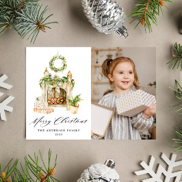 Boho Wasserfarbener Kamin mit grünem Foto Feiertagskarte