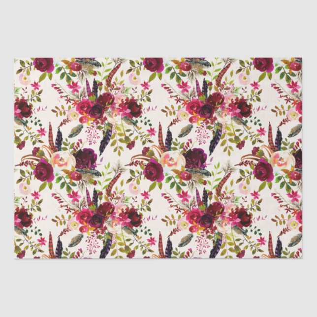 Boho Wasserfarbenfloral, Feathers Tissue Seidenpapier (Vorderseite)