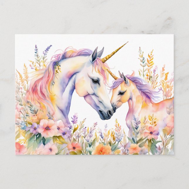 Boho Wasserfarbtender Einhorn und Baby in Blume Postkarte (Vorderseite)