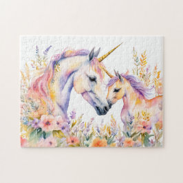 Boho Wasserfarbtender Einhorn und Baby in Blume Puzzle