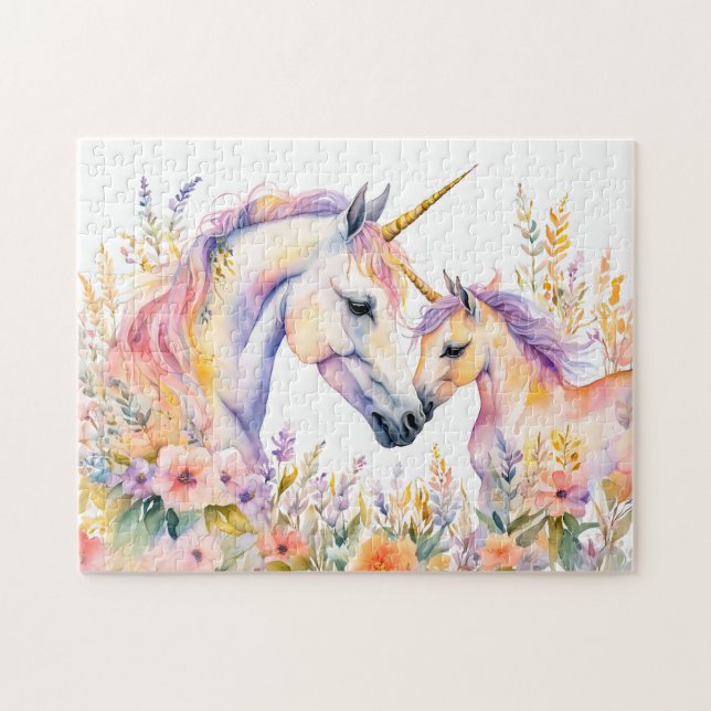 Boho Wasserfarbtender Einhorn und Baby in Blume Puzzle (Horizontal)