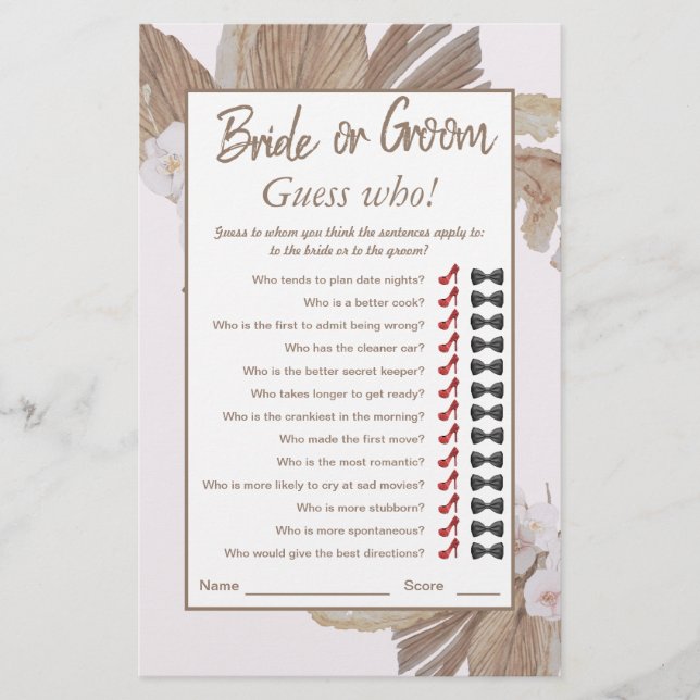 Boho Watercolo Dry Pampas Grass Brautparty Game (Vorderseite)