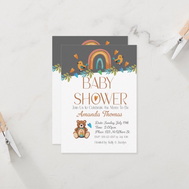 BOHO Watercolor Babydusche Einladung (Vorderseite/Rückseite Beispiel)
