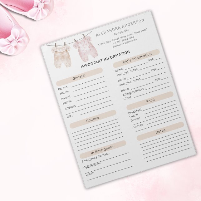 Boho Watercolor Babysitter Info Sheet Notizblock (Boho Watercolor Babysitter Info Sheet Notepad)