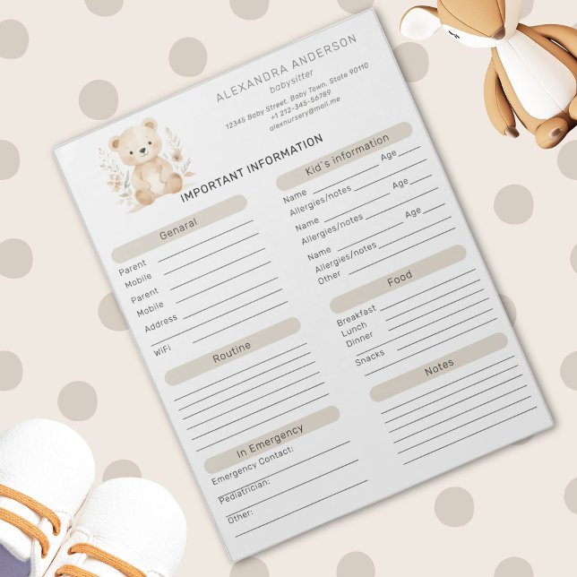 Boho Watercolor Bear Babysitter Info Sheet Notizblock (Boho Watercolor Bear Babysitter Info Sheet Notepad)