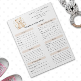 Boho Watercolor Bear Babysitter Info Sheet Notizblock
