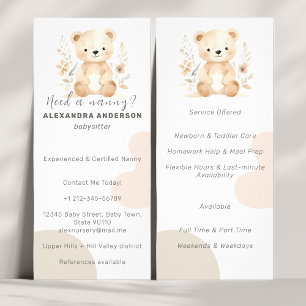 Boho Watercolor Bear Babysitter Service Werbekarte