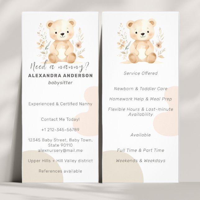 Boho Watercolor Bear Babysitter Service Werbekarte (Boho Watercolor Bear Babysitter Service Rack Card)