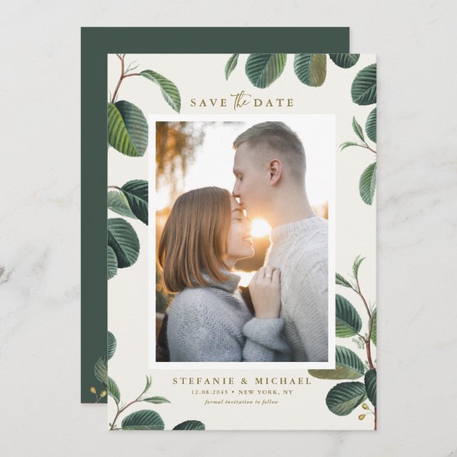 Boho Watercolor Blätter Botanisches ElfenbeinFoto Save The Date (Vorne/Hinten)