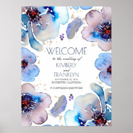 Boho Watercolor Blue Flowers Begrüßungszeichen Poster