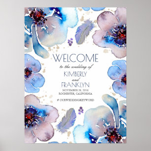 Boho Watercolor Blue Flowers Begrüßungszeichen Poster