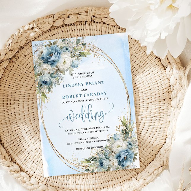 Boho Watercolor Blue Flowers Gold Wedding Invite Einladung (Boho Watercolor Blue Flowers Gold Wedding Invitation)