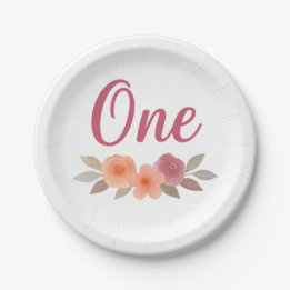 Boho-Watercolor-Blumen-Erstes-Geburtstag Pappteller