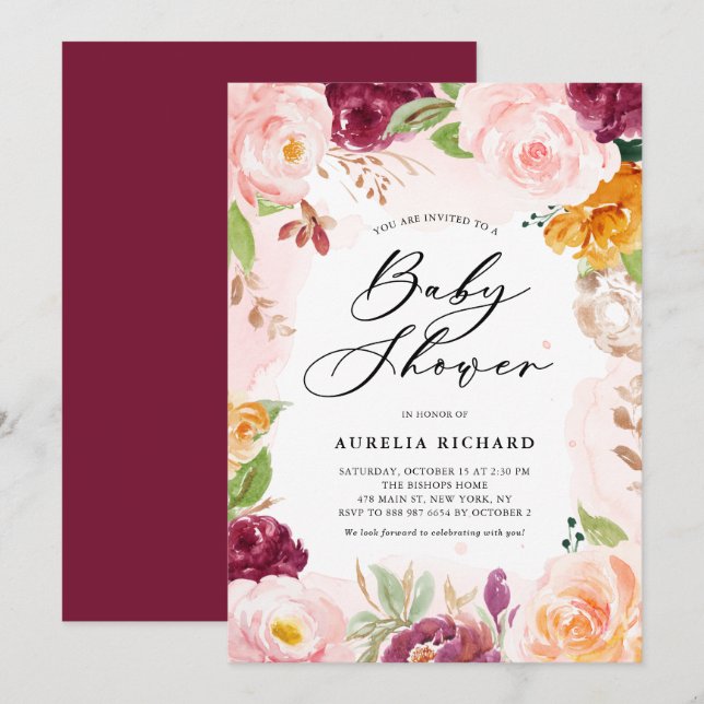 Boho Watercolor Blush Burgundy Floral Baby Showroo Einladung (Vorne/Hinten)
