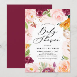 Boho Watercolor Blush Burgundy Floral Baby Showroo Einladung