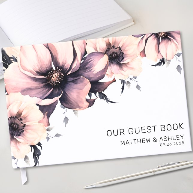 Boho Watercolor Blush Pink Blues Hochzeit Gästebuch (Modern Boho Watercolor Blush Pink Floral Wedding Guest Book)