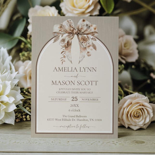 Boho Watercolor Bow Wedding Einladung (Autumn Bow Bohemian Wedding Invitation)