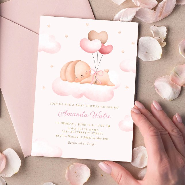 Boho Watercolor Bunny Balloon Girl Baby Shower Einladung (Von Creator hochgeladen)