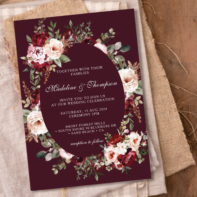 Boho Watercolor Burgundy Red Floral Frame Wedding Einladung (Von Creator hochgeladen)