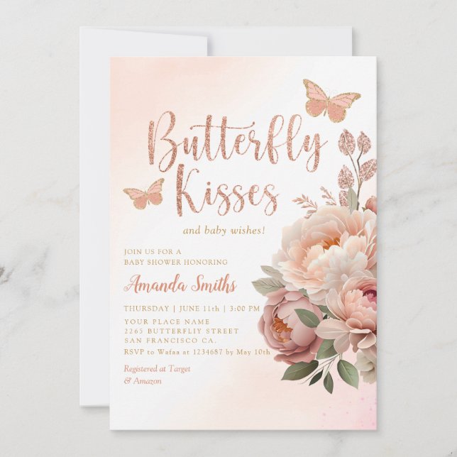 Boho Watercolor Butterfly Kisses Girl Baby Shower Einladung (Vorderseite)