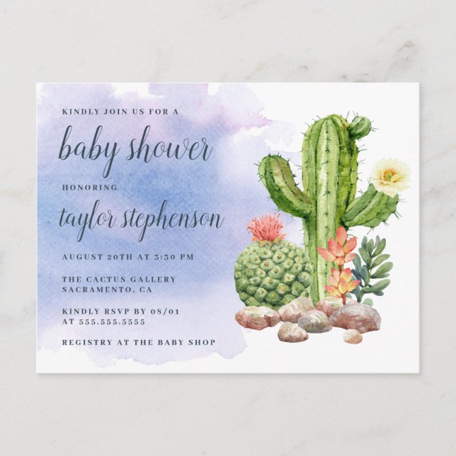 Boho Watercolor Cactus Baby Shower Einladungspostkarte (Vorderseite)