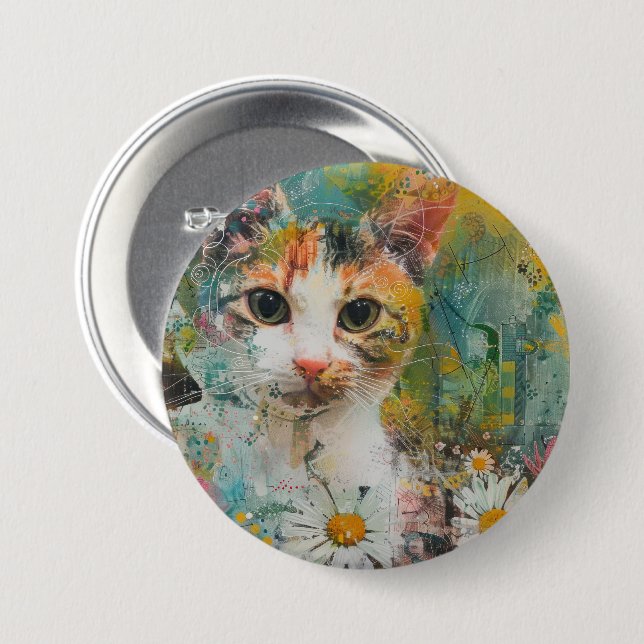 Boho Watercolor Cats - Earthy Feline Art (3) Button (Vorne & Hinten)