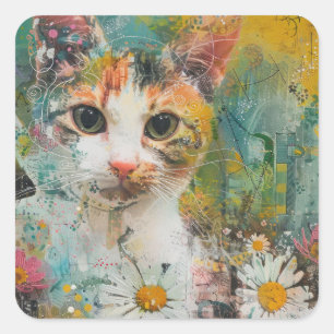 Boho Watercolor Cats - Earthy Feline Art (3) Quadratischer Aufkleber