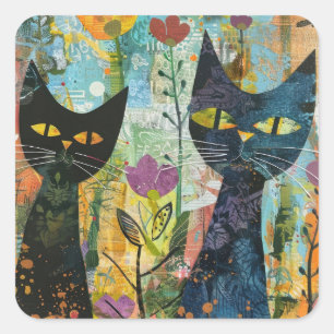 Boho Watercolor Cats - Earthy Feline Art (4) Quadratischer Aufkleber