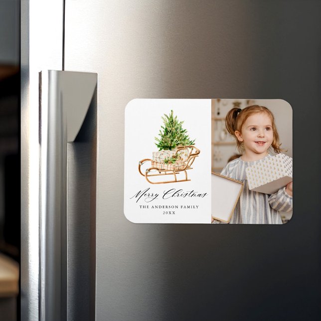 Boho Watercolor Christmas Sleigh Foto Magnet (Von Creator hochgeladen)