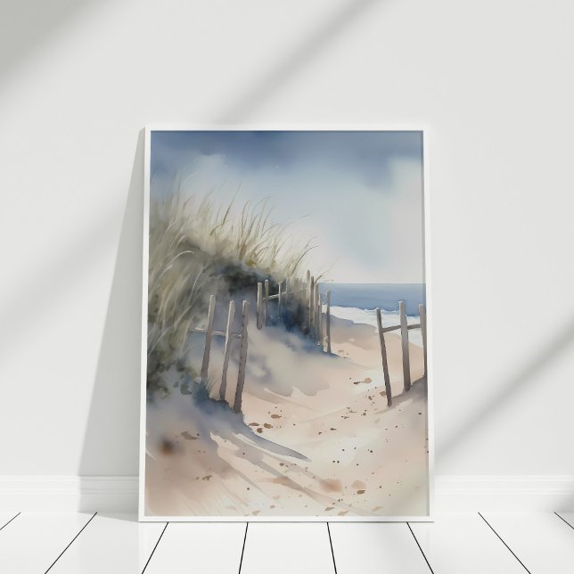 Boho Watercolor Coastal Panorama Art Poster (Boho Watercolor Coastal Panorama Art Poster on a wooden floor in white frame.)