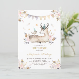 Boho Watercolor Deer and Bird Floral Baby Shower Einladung