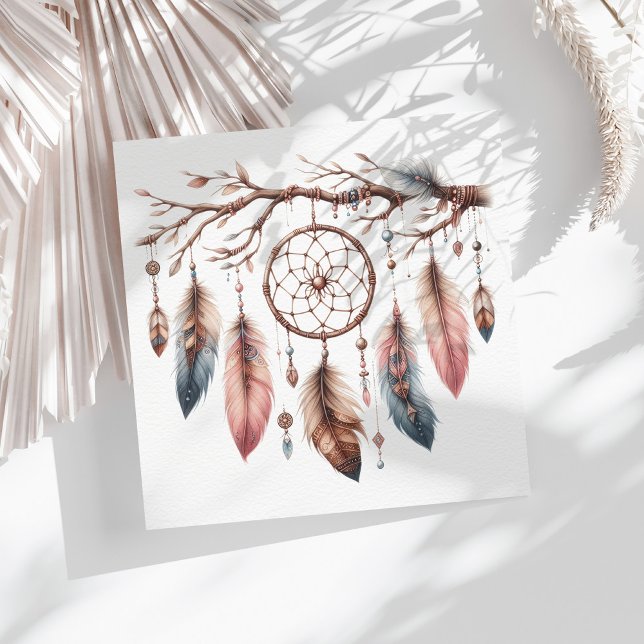Boho Watercolor Dreamcatcher & Feather Baby Shower Serviette (Boho Watercolor Dreamcatcher & Feather Baby Shower Napkins on a sunny table with white dry palm leaf)