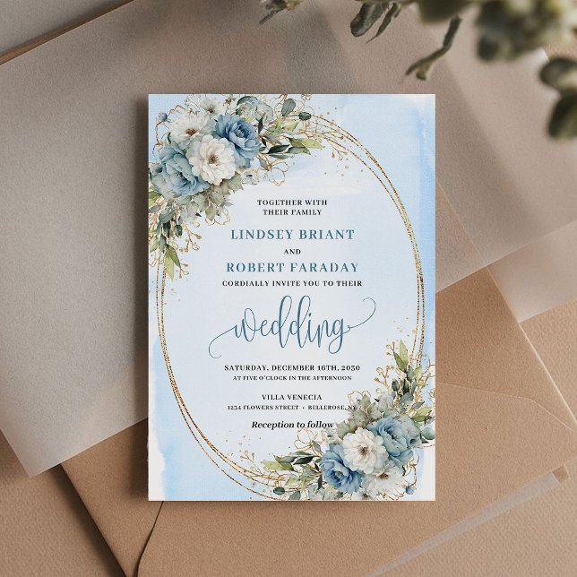 Boho Watercolor Dusty Blue Floral Gold Wedding  Einladung (Boho Dusty Blue Floral Gold Glitter Wedding Invite)