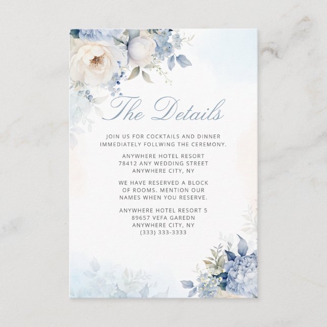 Boho Watercolor Dusty Blue Floral Wedding Details Begleitkarte (Vorderseite)