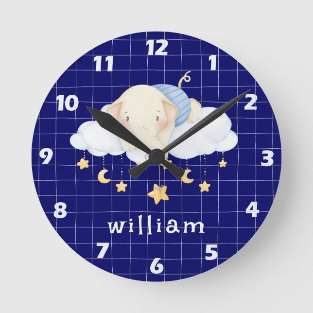 Boho Watercolor Elephant Clouds Navy Blue Kinderzi Runde Wanduhr (Vorderseite)