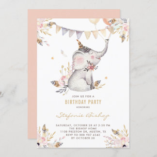 Boho Watercolor Elephant Floral Kindergeburtstag Einladung