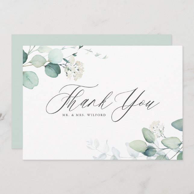 Boho Watercolor Eucalyptus Blätter Wedding Dankeskarte (Vorne/Hinten)