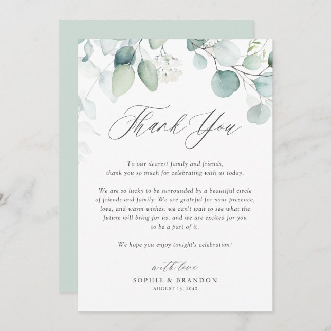 Boho Watercolor Eucalyptus Blätter Wedding Dankeskarte (Vorne/Hinten)
