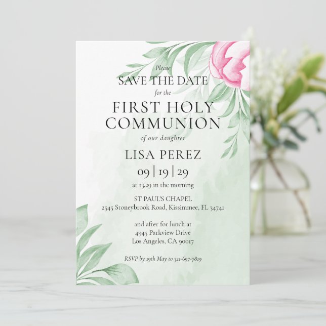 Boho Watercolor Eucalyptus First Holy Communion Save The Date (Stehend Vorderseite)