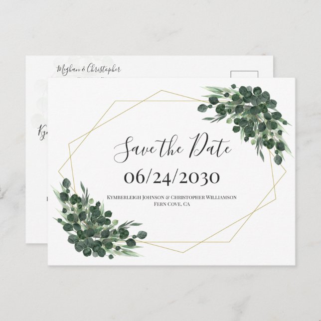 Boho Watercolor Eucalyptus Geometric Save the Date Postkarte (Vorne/Hinten)
