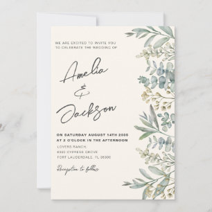 Boho Watercolor Eucalyptus Green & Ivory Wedding Einladung